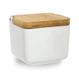 Home Gadgets Salt Pot with Bamboo Lid Ceramic White 12 cm