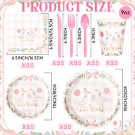 Havawish 175pcs One Silly Goose Birthday Party Tableware Set for 25 Guest Girl Pink Bow One Silly Goose Birthday Decor Baby Shower Plate Cup Napkin Fork Knife Spoon for 1st Birthday Party Decoration