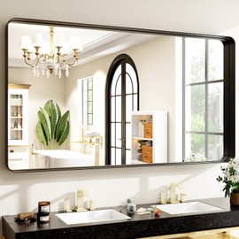 Easly 48"x30" Black Bathroom Mirror - Modern Black Mirror for Wall with Rounded Corners, Bathroom Mirrors for Vanity, Aluminum Alloy Framed Mirror Portrait or Landscape Hang