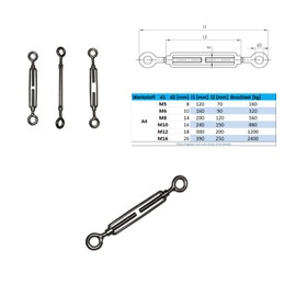 Turnbuckle M8 Form A Eyelet 1 Piece Stainless Steel EN 1.4401 Tensioning Screw A4 NIRO, Nirosta