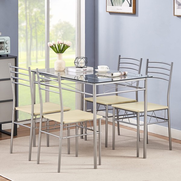 VECELO Kitchen Dining Room Table and Chairs 4, 5-Piece Dinette Sets, Space Saving (Silver), 43.3"