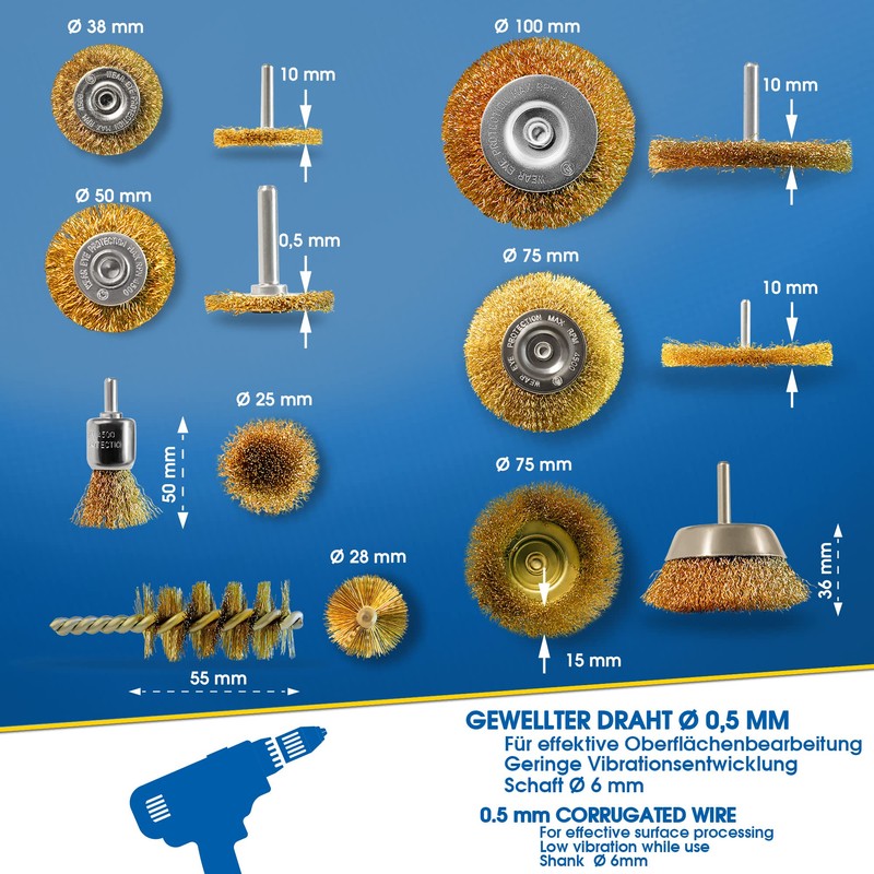 S&R Wire Brushes Drill Bit Set - 7pcs Round Shank