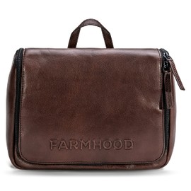 FARMHOOD Memphis Women's / Men's Leather Toiletry Bag, Large Cosmetic Bag with Hooks for Hanging, Many Compartments with Zip, Beauty Case 27 cm with Zip on the Back, dunkelbraun, Leather toiletry bag