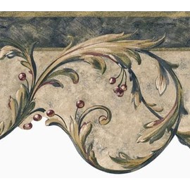 CONCORD WALLCOVERINGS ™ Wallpaper Border Vintage Pattern Vine Leaves Berries for Bedroom Living Room Dining Area, Blue Green Beige, 15 ft by 7 in OA8211B