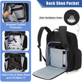 DSLEAF Roller Skate Bag with Large Capacity, Ice Skate Backpack Holds Shoes Up to US Men Size 13, Figure Skate Bag with Multiple Pockets for Inline, Figure, Quad, Speed, Hockey Skating