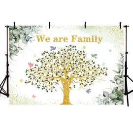 AIBIIN 7x5ft We are Family Background Family Tree Pink Floral Green Eucalyptus Leaves Family Party Photograph Backdrop Bird Gold Glitte Family Reunion Banner Photo Supplies