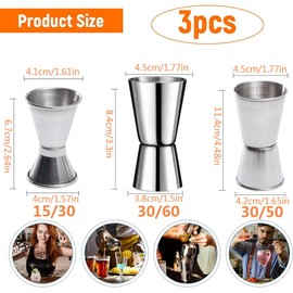 iDopick 304 Stainless Steel Cocktail Double Jigger, 3 Pack Japanese Style Bar Measuring Jigger Cocktail Alcohol Measuring Tools for Bartender Bartending, 15/30ml 30ml/50ml 30ml/60mlz, Silver