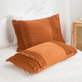 Burnt Orange Pillowcases, Macrame Tassel Pillow Cases Set of 2, 100% Washed Microfiber, Caramel Decor Tassel Boho Pillow Cover, 2 Pack (King, Rust Tassel)