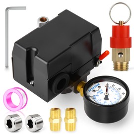 MEANLIN MEASURE Air Compressor Pressure Switch Control Valve 135-175 PSI 110V-240V 4-way Replacement Parts With 0-200 Pressure gauge and Safety Pressure Relief Valve