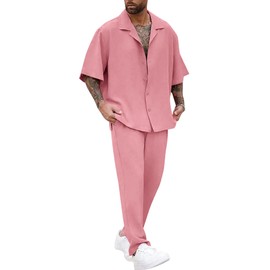 LecGee 2 Piece Outfits for Mens Tracksuit Shirt and Pants Button Down Set Sweatsuit Casual Clothes Sets(Pink,M)