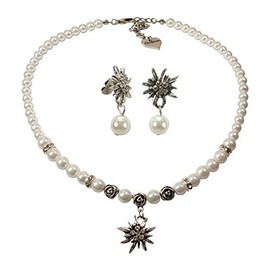 Alpenflüstern Traditional costume jewellery set: pearl necklace and pearl earrings in rhinestone edelweiß - Ladies costume jewellery, Dirndl necklace and traditional costume earrings in black and cream white, SET013, Base Metal