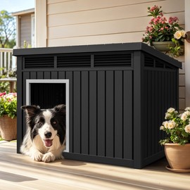 YITAHOME Plastic Dog House, Indoor & Outdoor Dog Kennel with Lift-Up Sloping Roof, Waterproof & Ventilated for Small to Medium Dogs, Easy to Clean Design, Black