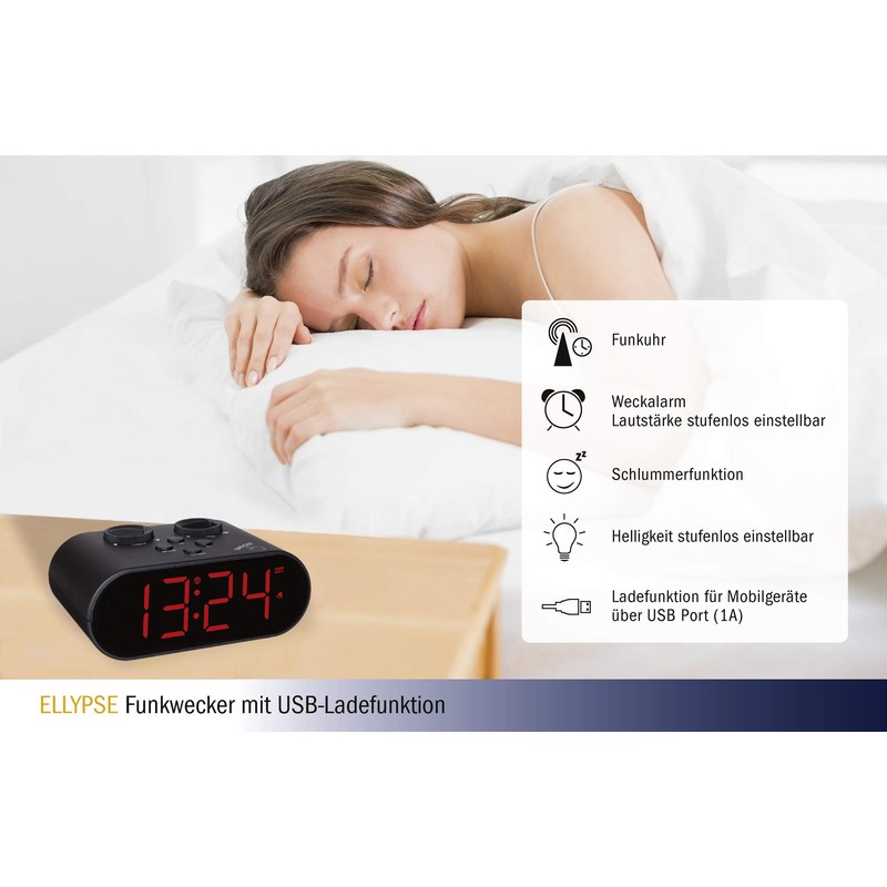 TFA Dostmann Ellypse Digitaler Funk-Wecker, mit USB-Ladefunktion, 60.2551.01, LED-Leuchtziffern, 15,2