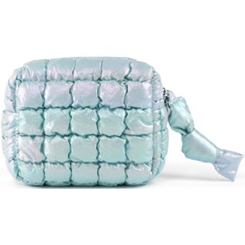 Yarnic Quilted Makeup Bag Puffy Cosmetic Bag, Quilt Travel Toiletry Bag Puffer for Women, Cute Makeup Bag OrganizerSoft Makeup Pouch (Iridescent Blue, S)