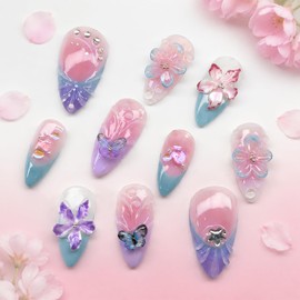 Tastetreasure 30 pezzi Unghie finte a mandorla con rilievo 3D fiori e farfalle, sfumatura rosa-viola Set di unghie finte con adesivi, lima e bastoncini di legno