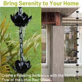 Frestique Lotus Rain Chain Extension - 4.6 ft, 6 Matte Black Lotus Cups, Hanging Hook & Acrylic Pendant - Compatible with Rain Chains for Gutters
