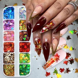 Fall Nail Art Glitters Sequins Mixed Colors Maple Leaves Nail Sequin Gold Red Blue Green Holographic Flake Nails Glitter Hexagon Chunky Glitter for Autumn Winter Nail Art Decorations DIY Crafts