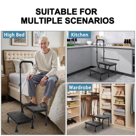 2 Step Stool with Handle for Elderly - Bed Steps for High Beds with Adjustable Handrail &Non-Slip Platform, Holds up to 450 lbs