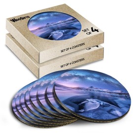 8 x Round Coasters - Lofoten Islands Milky Way Night Sky Cork Backed MDF Glossy Tea Coffee Accessory #51361