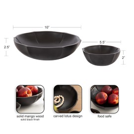 Kate and Laurel Lorah Decorative Carved Round Wooden Bowls, Set of 2, Black, Modern Lotus-Shaped Food-Safe Fruit Bowls for Kitchen Counter or Use as a Key Bowl Set for an Entryway Table
