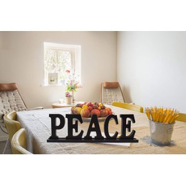 Rustic Wood Peace Sign for Home Decor - Freestanding Tabletop Decor, 16.2" X 4.85" Black Peace Block Letters