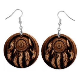 Twisted R Design Wood Grain Dream Catcher Western Round Wood Printed Dangle Earrings Jewelry