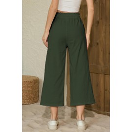 LNX Womens Linen Pants High Waisted Wide Leg Drawstring Casual Loose Trousers with Pockets Army Green