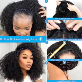 Kinky Curly Half Wig Human Hair 200% Density 3 In 1 Headband Wig Human Hair Glueless Wear and Go Beginner Friendly Drawstring Seamless Flip Over Half Wigs Human Hair Natural Black 22 inch