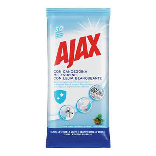 Ajax Wipes, Salviette Igienizzanti e Sgrassanti con Candeggina, Salvettine Umide Multiuso, 50 pz