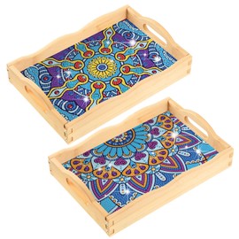 2 Pcs Mandala DIY Diamond Painting Tray Mandala Decorative Diamond Wooden Serving Tray with Handle Diamond Art Painting Handmade Wooden Tray for Adult Dinner Coffee Table Party Food, 11.8 x 7.8 Inches
