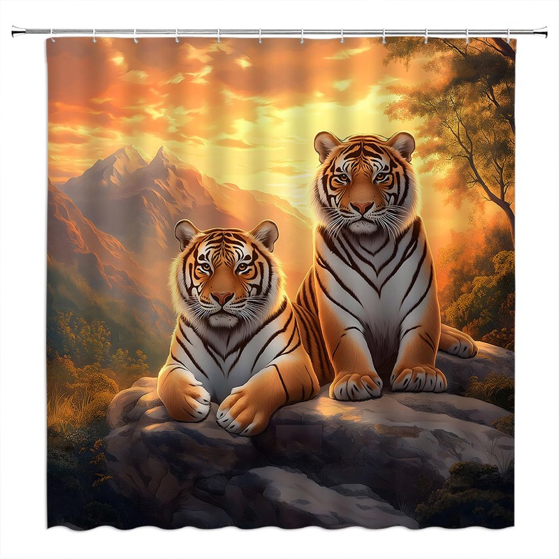 Tiger Shower Curtain African Wildlife Animal Mountain Laying Under Stone
