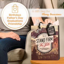 Christian Art Gifts Medium Portrait Inspirational Scripture Gift Bag, Tag & Wrapping Tissue Paper Set for Men & Women: Stand Firm Encouraging Bible Verse, Scenic Mountains, Black/White/Red Multicolor