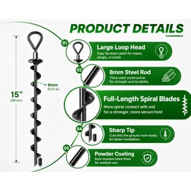 Fuuner 4 Pack 15" Screw-in Ground Anchors, Heavy Duty Spiral Earth Anchors for High Winds with Nut Driver Drill Bit for Trampolines, Tents, Greenhouse, Swing Sets and Canopies