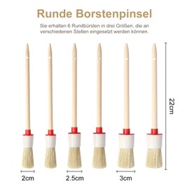 Pack of 6 bristle brushes, round brushes, 20 mm / 25 mm / 30 mm, professional natural wood round brush, ring brush, natural bristle brush for walls