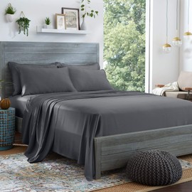 STYLINEN 100% Tencel Sheets Queen Size Bed Sheets 4pc Set, 100% Eucalyptus Lyocell Sheets Set, Silky Soft & Smooth, Breathable, 16" Deep Pockets, 1 Fitted, 1 Flat, 2 Pillowcases (Queen, Charcoal)