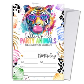 Wybgno Party Animals Birthday Invitations, 20 Pieces Tiger Rainbow Print Invite Cards With Envelopes, Wild Jungle Animal Zoo Safari Birthday Invite for Girls, Birthday Party Supplies (4×6 inch) C14