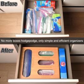 LOPASA Baggie Organizer for Drawer Compatible with Ziplock Food Storage Bag, Sandwich Bag Organization for Kitchen Drawer, Plastic Baggie Storage Box for Pantry(Bamboo)
