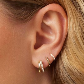 Gold Hoop Earrings Set for Women, 14K Gold Plated Small Double Hoop Earrings Set for Multiple Piercing, Dainty Huggie Earring for Women (Gold 3 pairs hoop)