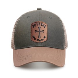Christian Hats for Men - Jesus Cap - Faith-Based Cotton Baseball/Trucker Hat - Christian Gifts - Leather Patch Cross -Comfortable & Breathable-No Jesus No Peace Hat Grey