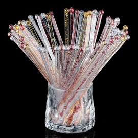 100 Pieces Disposable Plastic Round Top Crystal Swizzle Sticks Glitter Plastic Swizzle Sticks Cocktail Coffee Drink (Silver, Gold, Red)