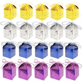 20 Pcs Eid Mubarak Candy Box Set Ramadan Gift Box with Ribbons Muslim Party Favor Boxes Paper Thank You Gift Box Gold Laser for Eid Islamic Party Birthday Decorations