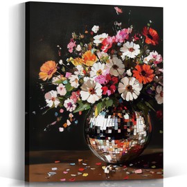 Voxitura Disco Ball Wildflower Wall Art Canvas, Trendy Retro Floral Wall Decor Living Girly Room, Funky Moody Paintings Pictures Prints Framed Decorations for Bedroom Kitchen Bathroom Dorm 12x15in