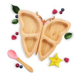 Kleiner Fuchs High-quality bamboo plate with suction cup, non-slip suction cup with matching baby spoon makes meals fun, bamboo tableware set with gift box - learning to eat with butterfly design
