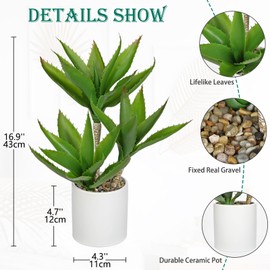 Hollyone Large Artificial Agave Plants Fake Three-Head Agave Succulents Plant Potted 17" Faux Plant in White Pot Succulent Aloe Vera Plants Indoor for Desk Modern Home Decor