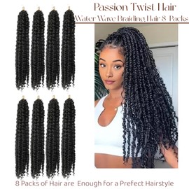 Passion Twist Hair 8 Packs Water Wave Crochet Hair for Long Bohemian Hair Braiding Hair Crochet Hair Synthetic Hair Extensions (Black Passion Twist Hair, 14 Inches)