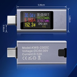 VOKTTA USB Tester Meter USB C Meter 4-30V 0-12A USB C Tester USB Meter with Display, USB Power Meter Charging Voltage, Charging Current, Power, Capacity Capacity, Working Time Detector