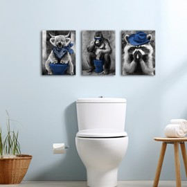 RnnJoile Blue Bathroom Decor Funny Animal Wall Art Grey and Blue Pictures Highland Cow Gorilla Raccoon Paintings for Bathroom Framed 12"X16" each