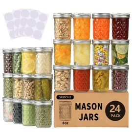 SKOCHE Mason Jars 8 oz 24 Pack Half Pint Canning Jars with Regular Airtight Lids and Bands, Small 8oz Glass Jars with Lids, Ideal for Fermenting, Pickling, DIY Decors, Fruit Preserves, Jam, Jelly