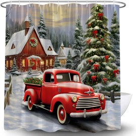 UPUMKSK Christmas Shower Curtain Vintage Red Truck Wooden Cabin Xmas Tree Forest Farmhouse Rustic Retro Car Winter Holiday Festival Happy New Year Bath Curtain with Hooks