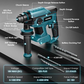 MtiolHig 7/8" Rotary Hammer Drill Compatible with Makita 18V Battery: SDS-Plus Cordless Drill with Safety Clutch for Concrete Masonry, 2.5 Joules Power Including 4 Drill Bits